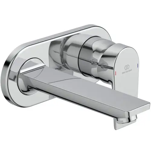 Wandarmatur in Chrom von Ideal Standard, mit einem schmalen, flachen Auslauf und einem Bedienteil zur Steuerung von Wasserfluss und Temperatur.